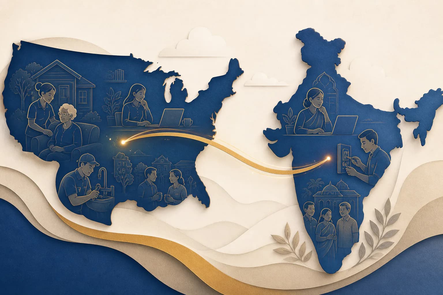 Editorial illustration connecting local service communities in the United States and India
