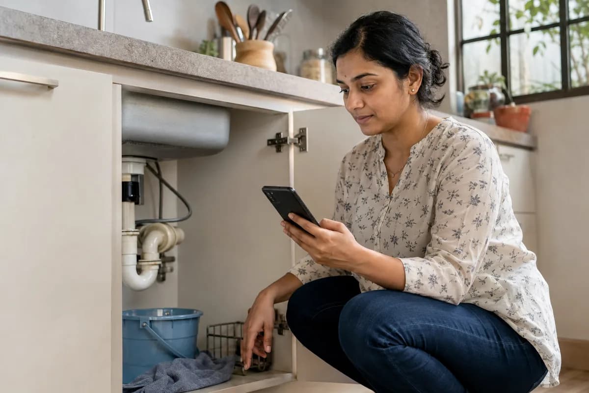 Customer using her phone while checking a plumbing issue at home