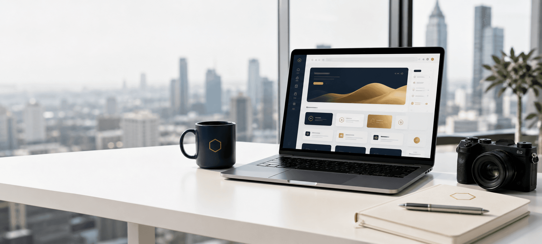 Laptop, camera, notebook, and NexSara mug in a modern editorial workspace